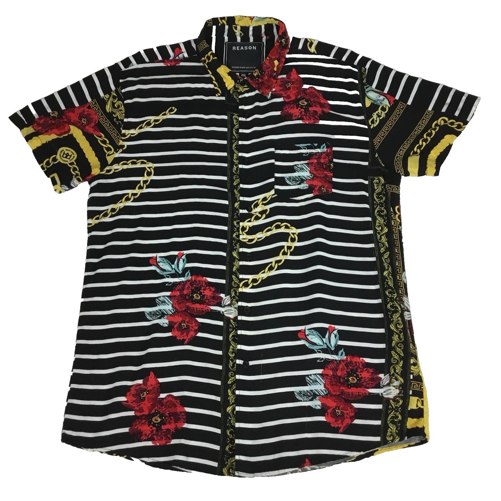 Reason Mens XXL Short Sleeve Button Up Shirt Black White Stripe‎ Floral M8-01JJ